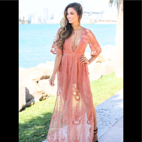 Pink lace maxi romper embroidered bridesmaid dress - Picture 2 of 3